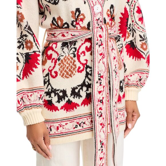 FARM RIO Cashew Mandala Belted Knit Cardigan, Cream/Red/Black, Size M, NWT - Picture 5 of 13